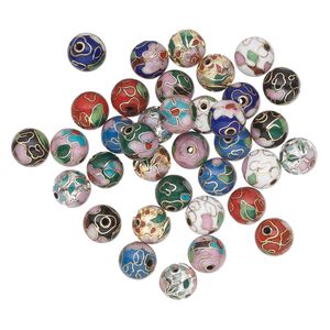 Bead mix 1pkg36 silver-plated / gold-finished, 10mm cloisonn&eacute; round / flower / leaves, copper / enamel mixed colors