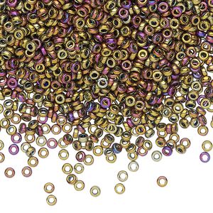 Seed bead, Miyuki, glass, pkg/10g, 2.2x1mm spacer rondelle, opaque iris purple and gold, (SPR2.2-188).