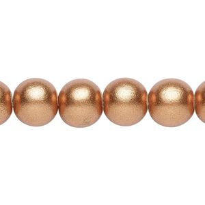 Bead 1pkg1, Taiwanese cheesewood (coated), painted metallic copper, 9-10mm round, 15-1/2 to 16 inches.