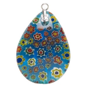 Focal 1pkg1 millefiori glass and silver-finished steel, translucent multicolored, 40x30mm-41x31mm puffed teardrop.