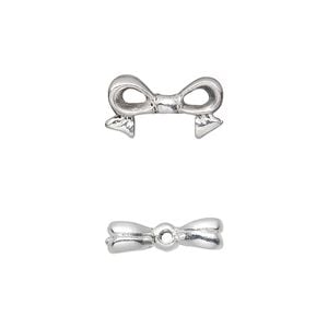 Bead, pewter (tin-based alloy), pkg/1, silver plate, 16x9mm double-sided bow, fits 8mm cube.