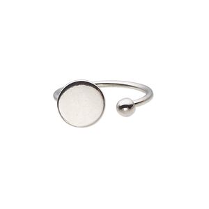 Ring, imitation rhodium-finished brass, 1.5mm wide with 4mm ball and 10mm round glue-on setting, adjustable from size 6-8. Sold individually.