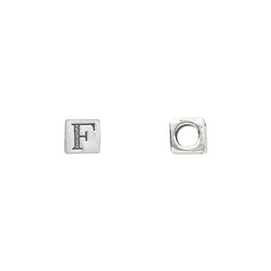 Bead 1pkg1 sterling silver, 5.5mm cube / letter F, antiqued Dione&reg;