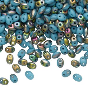 Bead, Preciosa Twin&trade;, Pressed Twin, Czech pressed glass, opaque matte turquoise blue vitrail, 5x2.5mm oval with (2) 0.7-0.8mm holes. Sold per 250-gram pkg.