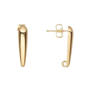 Earstud 1pkg10 gold-plated, 20x4.5mm half-dome long teardrop / hidden open loop / earnuts, brass 5 pair