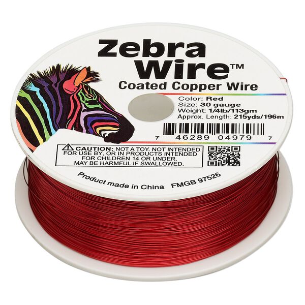 Wire, Zebra Wire&trade;, color-coated copper, red, round, 30 gauge. Sold per 1/4 pound spool, approximately 215 yards. image number 0