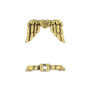 Bead 1pkg10 gold-finished "pewter", 19x11mm wing / heart / 2sided, antique