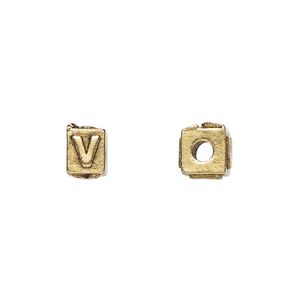 Bead 1pkg4 gold-plated pewter, 8x6mm rectangle / letter V, antique Dione&reg;