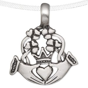 Pendant, antiqued pewter (tin-based alloy), 42x35mm Claddagh. Sold individually.