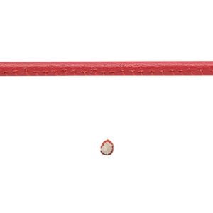 Cord, leather and cotton (dyed), red, 2.5mm zigzag-stitched round. Sold per 1-yard section.
