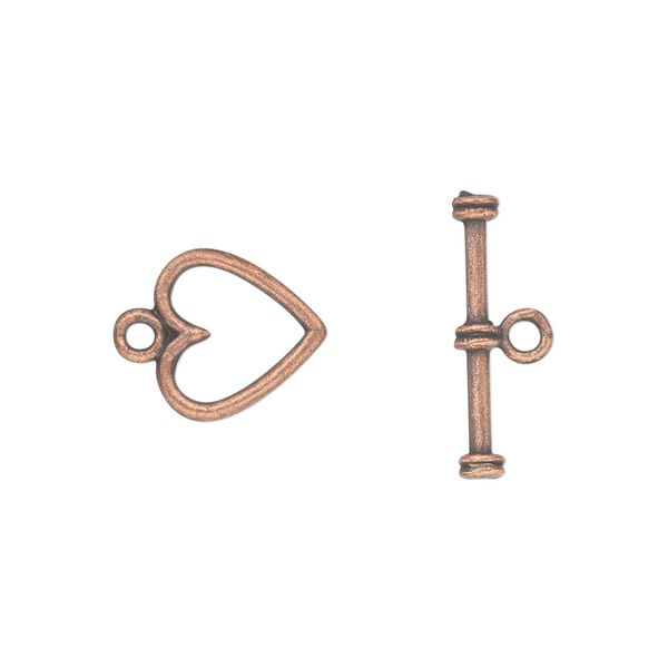 Clasp toggle 1pkg20 copper-plated "pewter" (zinc alloy), 12mm double-sided heart, antique 1-strand image number 0