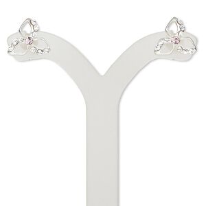 Earstud, Czech glass rhinestone and sterling silver, clear and light rose, 11x9mm flower. Sold per pair.