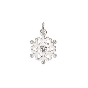 Charm, silver-finished "pewter" (zinc-based alloy) and glass, clear, 15.5mm snowflake. Sold per pkg of 6.