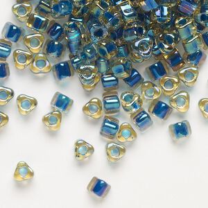 Seed bead, Miyuki, glass, transparent amber yellow color-lined dark blue, (TR1826), #5 triangle. Sold per 250-gram pkg.