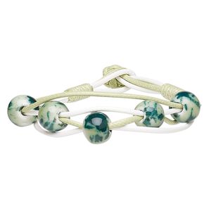 Bracelet, waxed cotton cord and porcelain, light green / green / white, 14mm wide with 12mm round, 7 inches with button clasp. Sold individually.