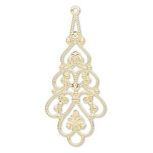 Focal, gold-plated brass, 38x18mm filigree teardrop. Sold per pkg of 10.