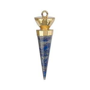 Focal, lapis lazuli (natural) / electroplated gold / gold-plated sterling silver, 30x9.5mm-31x10mm hand-cut faceted point. Sold individually.