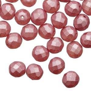 Bead 1pkg50 Czech fire-polished glass, 8mm faceted round, opaque dipped d&eacute;cor pearlescent dusty rose