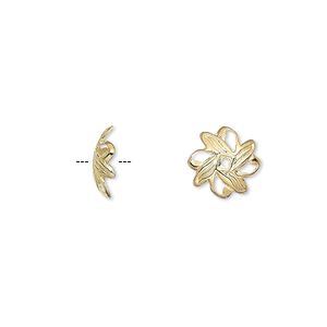 Bead cap, gold-plated brass, 10x3mm fancy leaf, fits 10-12mm bead. Sold per pkg of 100.