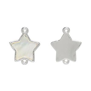Link, silver-finished brass / mother-of-pearl shell (bleached) 1pkg2, white, 14mm star.