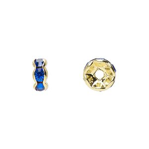 Bead 1pkg10 gold-finished, 8x4mm rondelle, brass / sapphire blue rhinestone