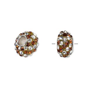 Bead 1pkg1 imitation rhodium-plated, 13x8mm-14x8mm rondelle / spiral, brass / glass rhinestone / epoxy / root beer / clear Dione&reg;