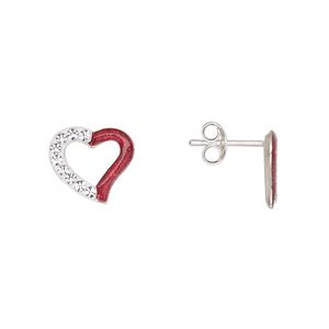 Earstud, Create Compliments&reg;, sterling silver and glass rhinestone, red / clear / white, 11mm open heart with glitter. Sold per pair.