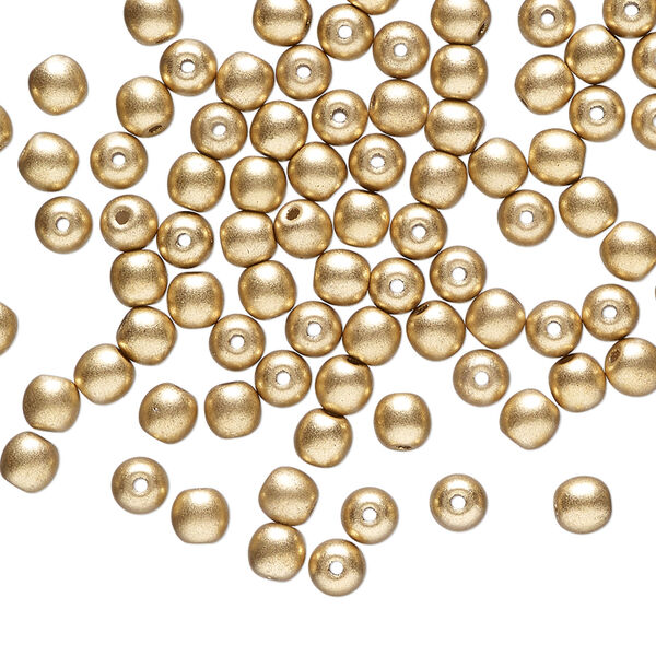 Bead 1pkg100 Czech glass druk, opaque satin gold, 4mm round. image number 0