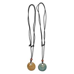 Necklace, porcelain and waxed cotton cord (dyed), black / brown / green, 35-37mm single-sided hand-painted round go-go, adjustable 16 to 32 inches. Sold per pkg of 2.