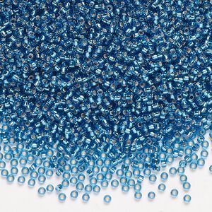 Seed bead, Miyuki, glass, pkg/250g, #15 rocaille, transparent silver-lined Capri blue (RR-25).