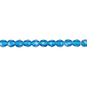 Bead, Czech fire-polished glass, transparent dark aqua blue, 4mm faceted round. Sold per 15-1/2" to 16" strand, approximately 100 beads.