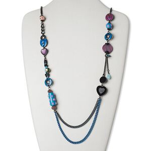 Necklace, mother-of-pearl shell (dyed) / brass / steel / enamel / porcelain / waxed cotton cord / glass / resin / acrylic 1pkg1, multicolored, 36 inches with lobster claw clasp.