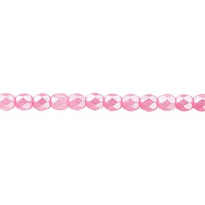 Bead, Czech fire-polished dipped d&eacute;cor glass, pearlescent light pink, 4mm faceted round. Sold per 15-1/2" to 16" strand.