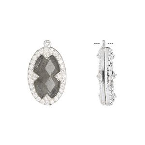 Drop, labradorite (natural) / cubic zirconia / sterling silver, clear, 18x12mm double-sided faceted oval. Sold individually.
