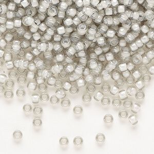 Seed bead, Miyuki, glass, pkg/250g, #8 rocaille, translucent moonstone-lined luster crystal clear (RR-2268).