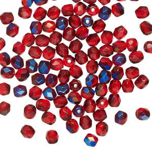 Bead 1pkg100 Czech fire-polished glass, red blue iris, 4mm faceted round.