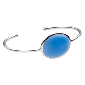 Bracelet, cuff, blue chalcedony (dyed) and sterling silver, 22mm wide with oval, 7-1/2 inches. Sold individually.