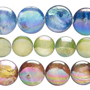 Mother-of-pearl shell 1pkg3, puffed flat round bead mix 15 inch multicolored AB 10-16mm