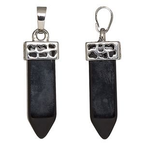 Obsidian / brass 1pkg1, imitation rhodium-plated square point pendant natural 32x11mm / bail