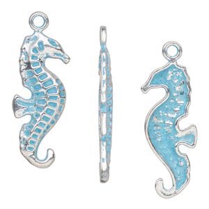Charm, antique silver-finished pewter (tin-based alloy), blue patina, 28.5x12.5mm single-sided seahorse. Sold per pkg of 4.