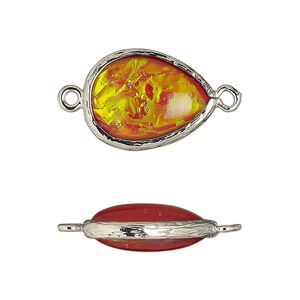 Link, Opalized Ice&trade;, "opal" (resin) and imitation rhodium-finished brass, opaque orange, 19.5x15mm double-sided teardrop. Sold per pkg of 4.