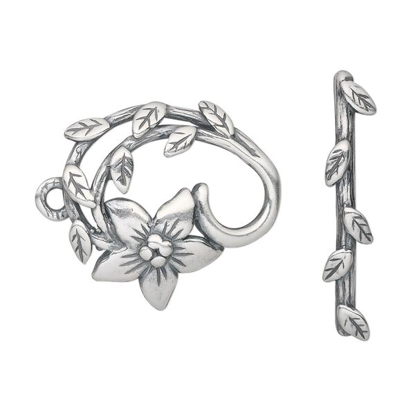Clasp toggle 1pkg1 silver-plated pewter (tin alloy), 24x22.5mm fancy flower, antique JBB Findings 1-strand image number 0