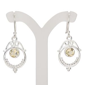 Earring, Create Compliments&reg;, citrine (heated) and sterling silver, 34-36mm with fishhook ear wire, 21 gauge. Sold per pair.