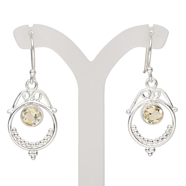 Earring, Create Compliments&reg;, citrine (heated) and sterling silver, 34-36mm with fishhook ear wire, 21 gauge. Sold per pair. image number 0