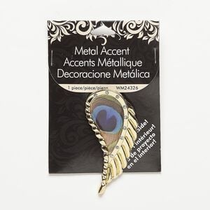 Focal, resin / glass rhinestone / gold-finished "pewter" (zinc-based alloy), multicolored, 63x32mm feather with peacock feather design. Sold individually.