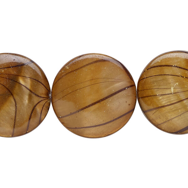 Mother-of-pearl shell 1pkg1, puffed flat round bead 15 inch dark brown 19-20mm image number 0
