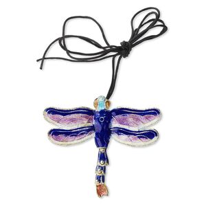 Focal, cloisonn&eacute; and copper, purple and blue, 52x46mm dragonfly on black adjustable cord. Sold individually.