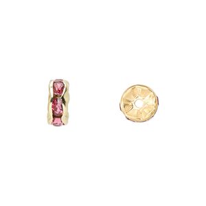 Bead 1pkg10 gold-finished, 8x4mm rondelle, brass / rose rhinestone