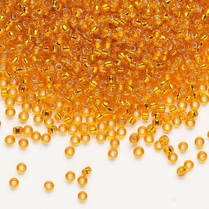 Seed bead, Miyuki, glass, pkg/250g, #11 rocaille, transparent silver-lined orange, (RR-8).