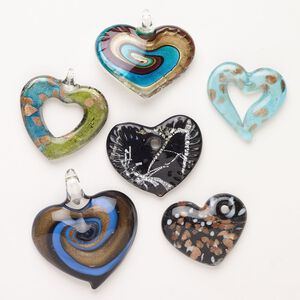Random focal mix, lampworked glass, opaque mixed colors with silver-colored foil and copper-colored glitter, 38x35mm-54x50mm top-drilled and undrilled mixed heart. Sold per pkg of 3.